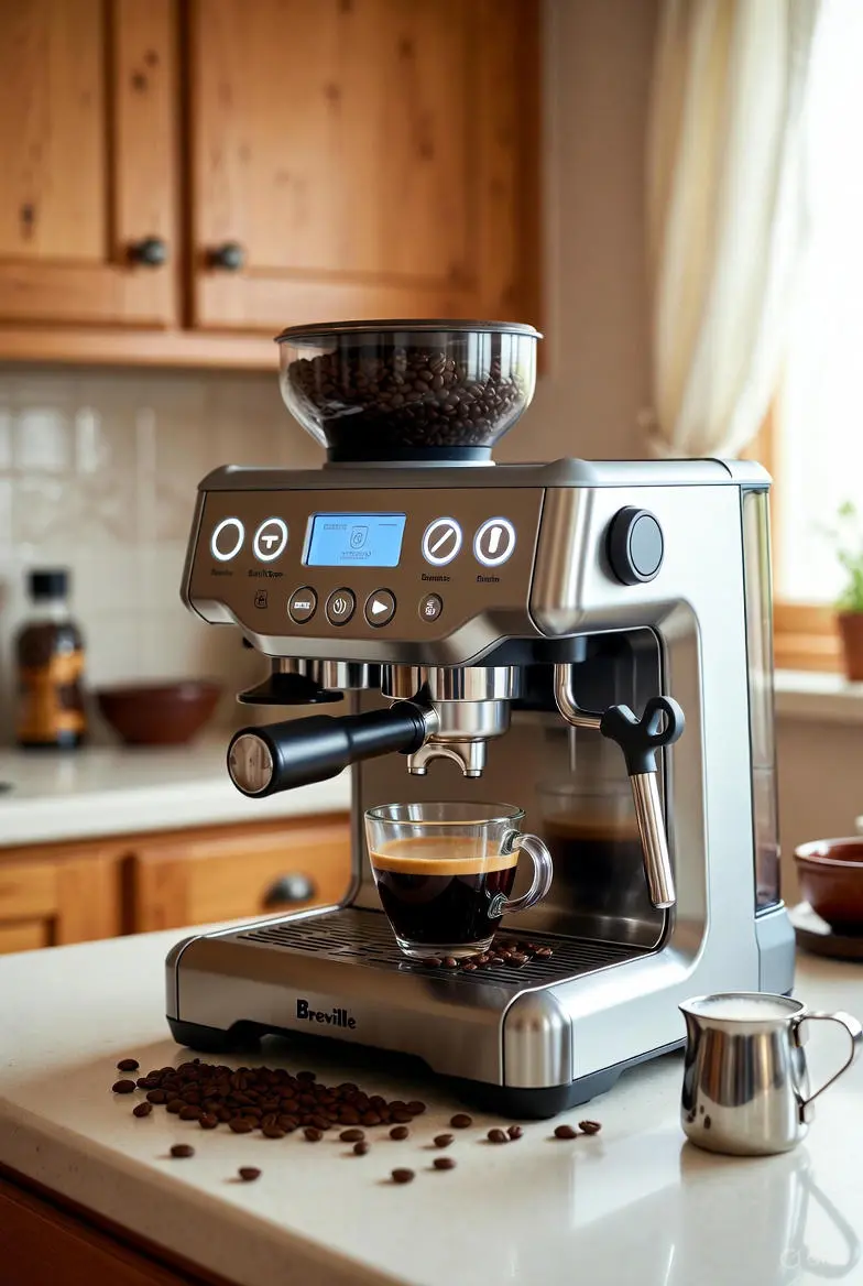 Breville Barista Express espresso machine with fresh espresso and milk froth