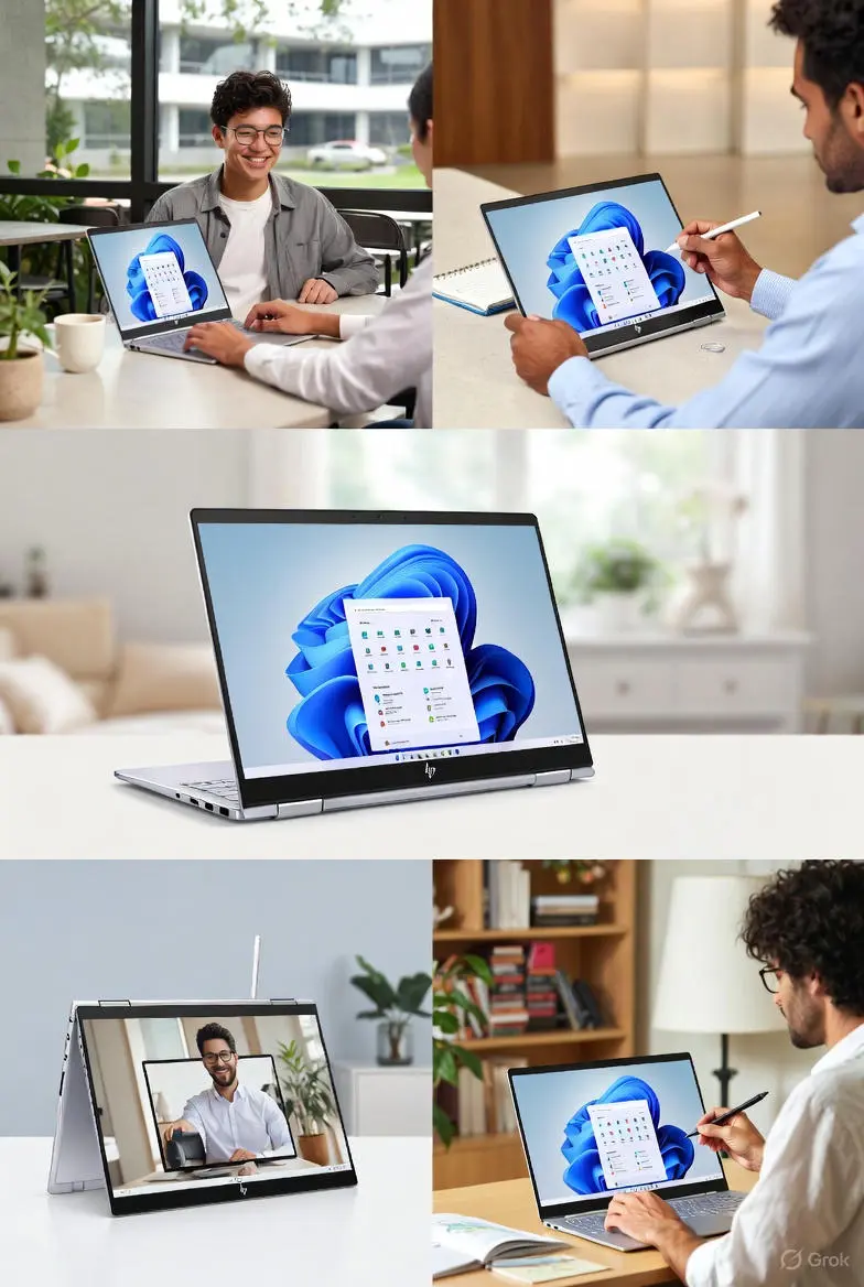 HP Envy x360 convertible laptop in tent mode on desk with Windows 11