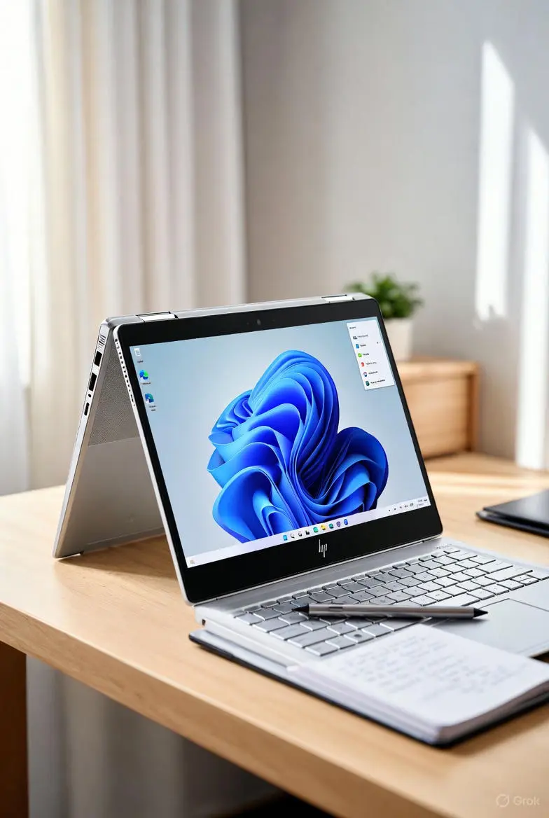 HP Envy x360 convertible laptop in tent mode on desk with Windows 11